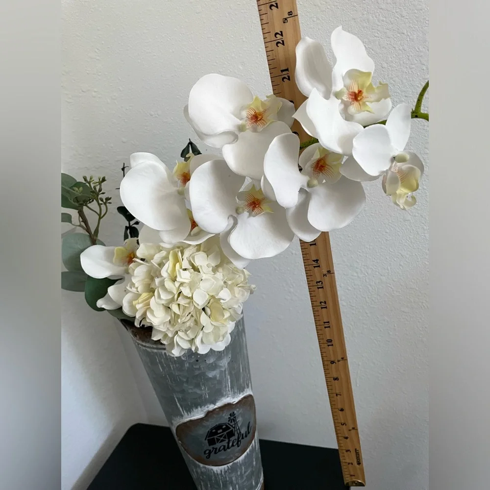 Faux Orchid Flower Arrangement With Rustic Vase 22” H.